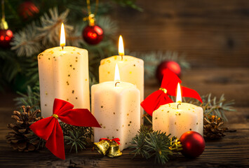 Christmas decoration with candles on the wooden table