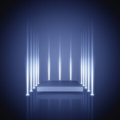 Fototapeta premium Metal square podium on dark background with spotlights, Product presentation stage