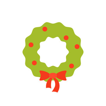 Simple Christmas Wreath Flat Icon. Clipart Image Isolated On White Background.