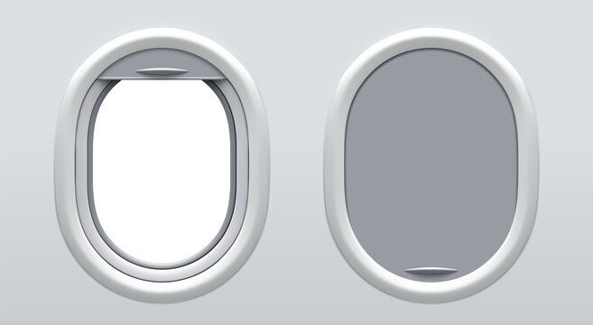 Set of Vector Realistic Airplane Window Portholes with Curtains in two positions. Blank Aircraft Windows with Copyspace Inside. Mockup for Your Design.
