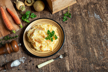 Delicious and healthy mashed parsnips with potatoes and carrots and ingredients for making vegetarian parsnip puree on a dark wooden background. Top view, copy space