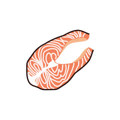 Salmon steak slice isolated on white background. Vector clipart with a piece of red fish for menu design, packaging design. Healthy food with omega 3 amino acids drawn in cartoon style.