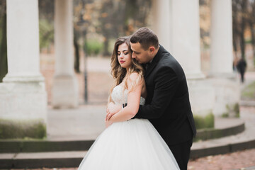Naklejka premium Romantic, fairytale, happy newlywed couple hugging and kissing in a park, trees in background