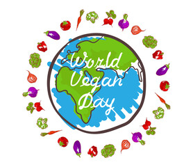 World vegan day hand-drawn vector illustration. Image of the planet earth surrounded by vegetables and fruits. The inscription vegan day