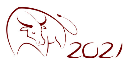 Happy New Year according to the Chinese lunar calendar. Silhouette of a red bull on a white background and the inscription 2021. Stock vector illustration. Element for flyer, banner, isolated logo bul