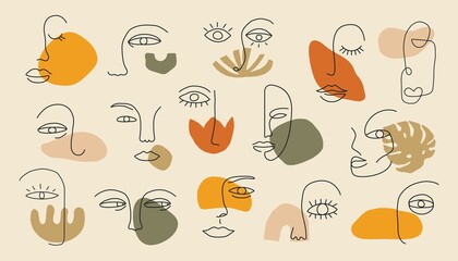 Continuous one line faces set. Contemporary abstract shapes with doodle hand drawn people face picasso matisse style. Vector art