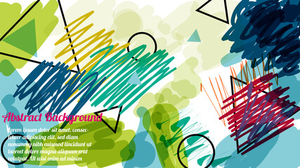Bright abstract background with strokes, marker, spots, geometric shapes. Collage with fantasy shapes. Vector illustration.