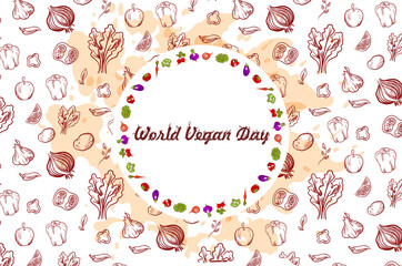 Fototapeta na wymiar World vegan day hand-drawn vector illustration. Image Of the inscription vegan day surrounded by fruit on a watercolor spray 