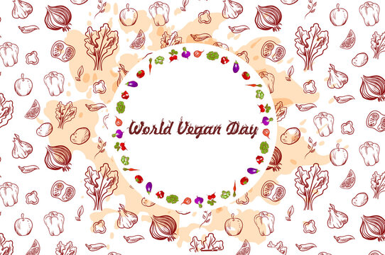 World vegan day hand-drawn vector illustration. Image Of the inscription vegan day surrounded by fruit on a watercolor spray 
