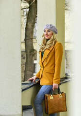 Stylish parisian lady. Apparel for fall season. Fashion beauty. Autumn female outfit. Shop vintage clothing. Spring clothing. Quality never goes out of style. Elegant woman wear jacket and beret hat