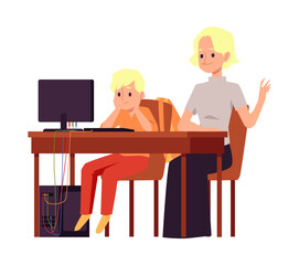 Mother helps his son with distance lessons, flat vector illustration isolated.