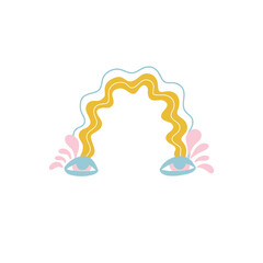 Hand drawing blue eyes, pink tears are crowned with yellow rainbow waves. Abstract vector illustration isolated on white background. For print, postcard,