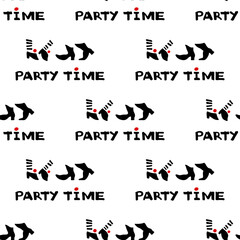 Naklejka premium Party time icon and calligraphy. Seamless pattern of dancing feet. Vector Illustration.