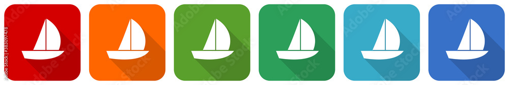 Poster yacht icon set, flat design vector illustration in 6 colors options for webdesign and mobile applica