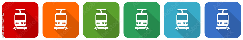 Fototapete Train icon set, flat design vector illustration in 6 colors options for webdesign and mobile applications