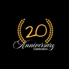 20 years old luxurious logo. Anniversary vector gold colored template framed of palms. Greetings ages celebrates. Celebrating laurel branches
