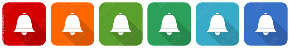 Poster bell, ring, alarm icon set, flat design vector illustration in 6 colors options for webdesign and mo