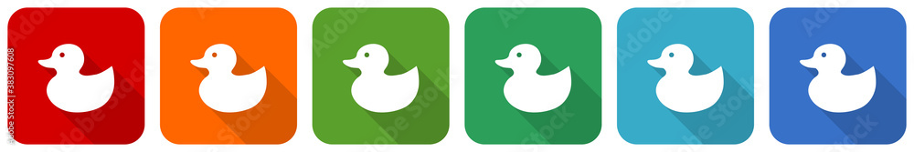 Poster duck toy, bird icon set, flat design vector illustration in 6 colors options for webdesign and mobil