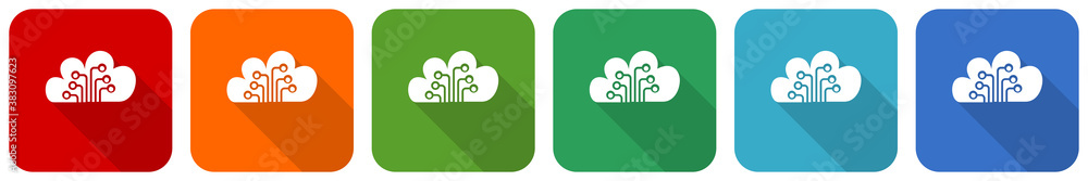 Poster Cloud computing, technology, circuit, data icon set, flat design vector illustration in 6 colors options for webdesign and mobile applications