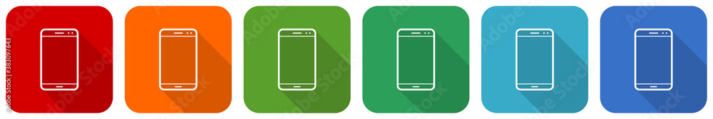 Aufkleber smartphone, mobile phone icon set, flat design vector illustration in 6 colors options for webdesign