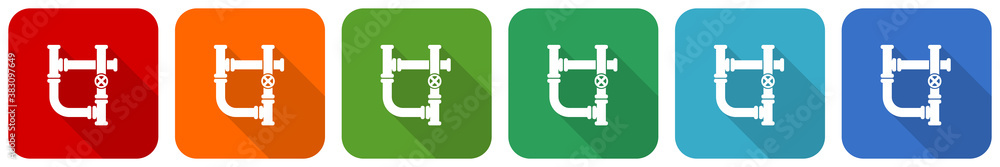 Poster pipeline, tube, pipe and industrial icon set, flat design vector illustration in 6 colors options fo