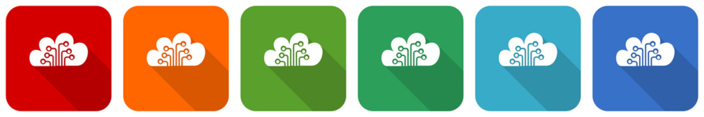 Cloud computing, technology, circuit, data icon set, flat design vector illustration in 6 colors options for webdesign and mobile applications