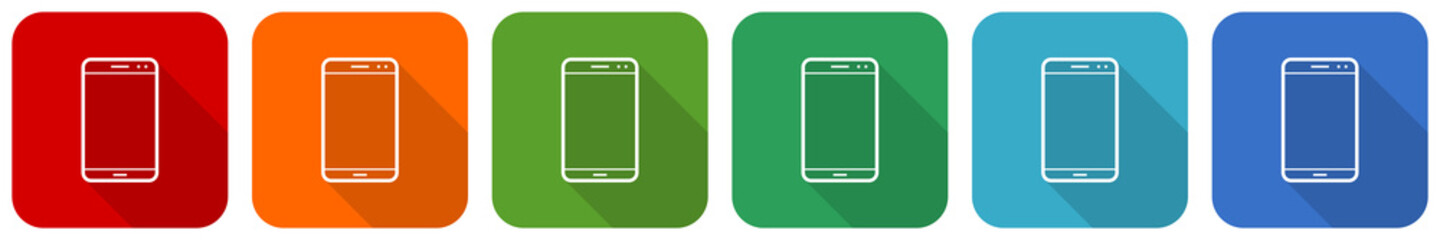Smartphone, mobile phone icon set, flat design vector illustration in 6 colors options for webdesign and mobile applications