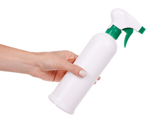 Hand with disinfectant spray in the bottle. Isolated on white background.