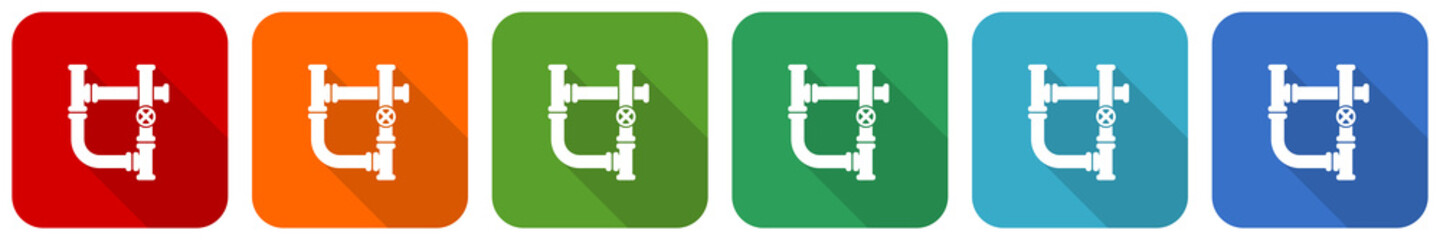 Pipeline, tube, pipe and industrial icon set, flat design vector illustration in 6 colors options for webdesign and mobile applications