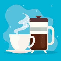 teapot glass with coffee and cup ceramic vector illustration design