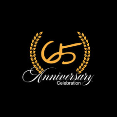 65 years old luxurious logo. Anniversary vector gold colored template framed of palms. Greetings ages celebrates. Celebrating laurel branches