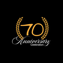 70 years old luxurious logo. Anniversary vector gold colored template framed of palms. Greetings ages celebrates. Celebrating laurel branches