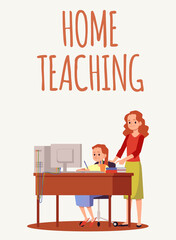 Home teaching and e-learning banner or poster design flat vector illustration.