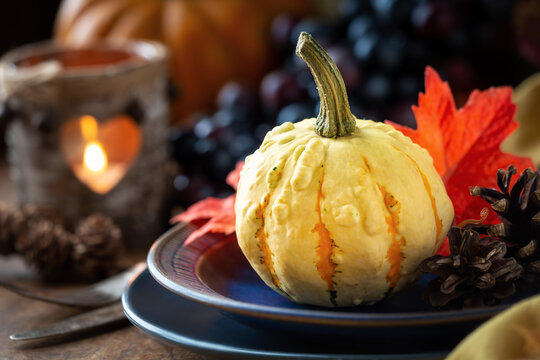 Autumnal Thanksgiving table setting with plates, silverware and traditional autumnal decorations like pumpkins, leaves, pinecones, grapes and a lantern
