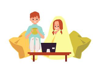 Brother and sister watch cartoon or movie a vector isolated illustration