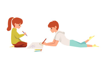 Brother and sister or friends drawing, flat vector illustration isolated.