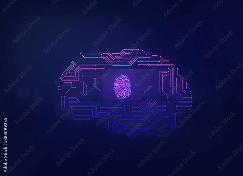 Poster fingerprint scanning on circuit board with neon color. cyber security,biometrics security concept.
