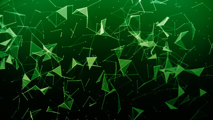 Abstract blurred green plexus effect background.Mess communication technology network background with moving lines and dots. Tech connection futuristic web concept texture.