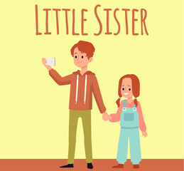 Cartoon boy with little sister holding hands - two kids standing together.