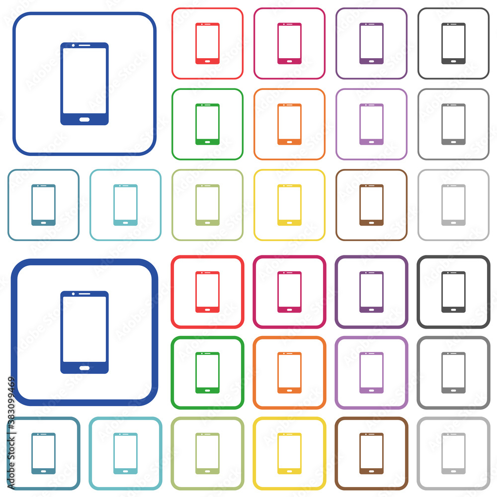 Poster modern mobile phone with one button outlined flat color icons