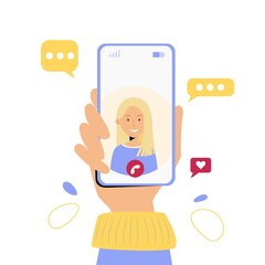 Hand holding mobile phone with video call from girlfriend. Communication and social networking concept. Vector illustration in flat style for web site, applications, banners