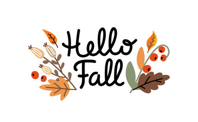 Fototapeta na wymiar Hello Fall lettering. Vector illustration in hand drawing style.