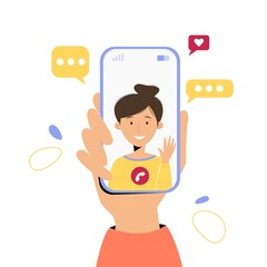 Hand holding mobile phone with video call from girlfriend. Communication and social networking concept. Vector illustration in flat style for web site, applications, banners