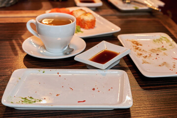 Fragment of a table in a restaurant with uncleaned dishes after a meal