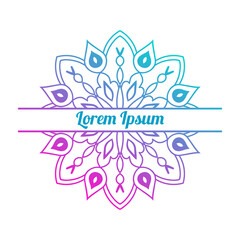 Colorful gradient floral card with blank space in the middle. Invitation template with decorative mandala. Lotus flower card, poster, flyer. Vector illustration.