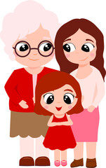 Vector cute cartoon illustration grandmother, young woman, little girl stand together, family.