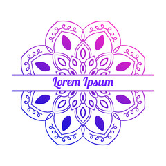 Colorful gradient floral card with blank space in the middle. Invitation template with decorative mandala. Lotus flower card, poster, flyer. Vector illustration.