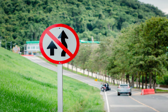 Do Not Overtake Traffic Sign. Road signs forbidden to overtake the mountain. Mountain road.