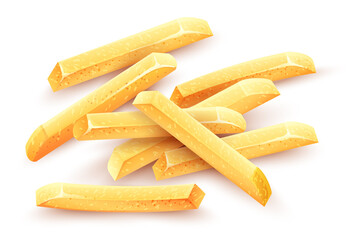 French fries. Roasted potato chips in deep fat fry oil potatoes. Yellow sticks. Fastfood. Unhealthy tasty food. Fast-food, isolated on white background. Illustration.