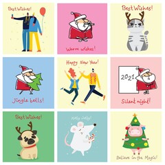 Vector illustration of christmas cats, pigs, rats and dogs with Christmas and new year greetings.